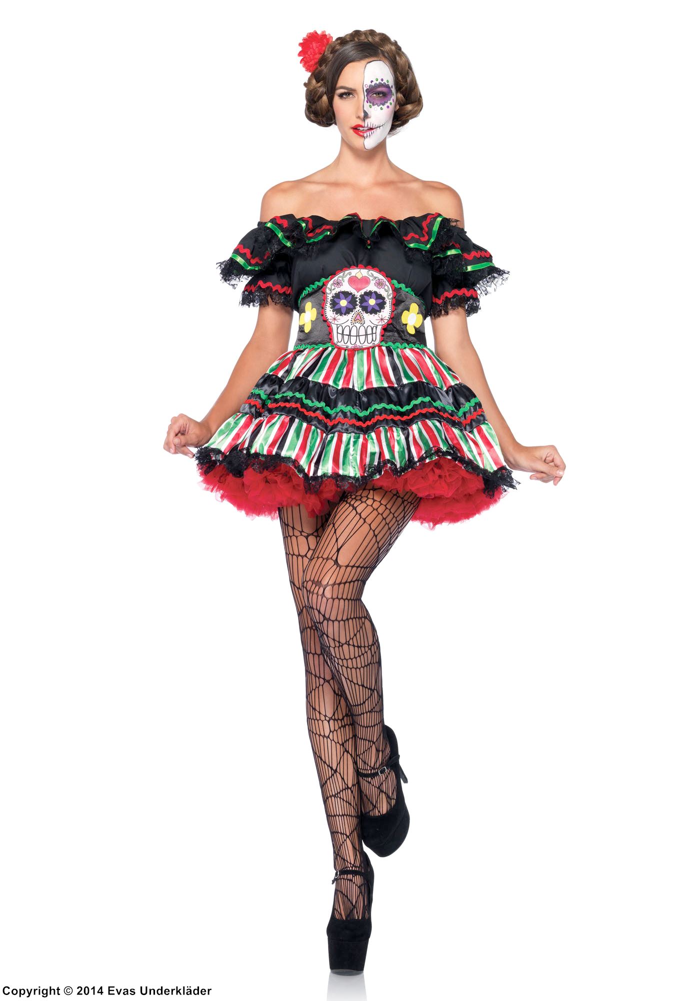 Day of the Dead (woman), costume dress, lace trim, ruffles, big bow, off shoulder, sugar skull (Calavera), vertical stripes